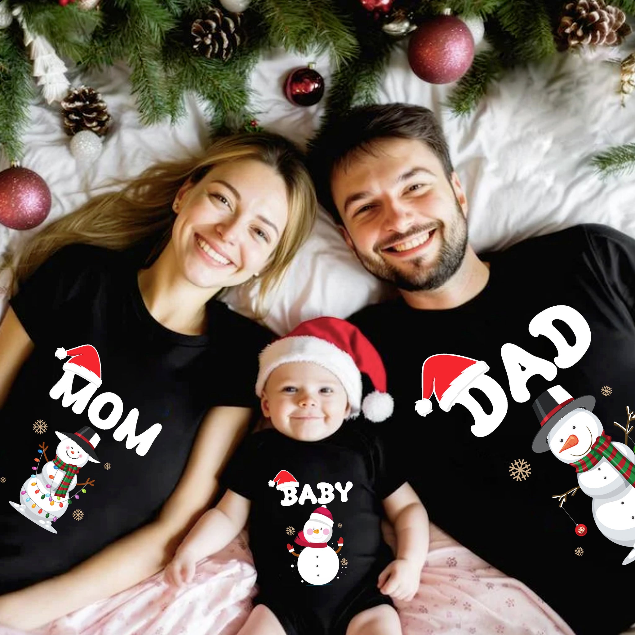 Christmas Snowman Mom Dad Baby Customised Combo Tshirts